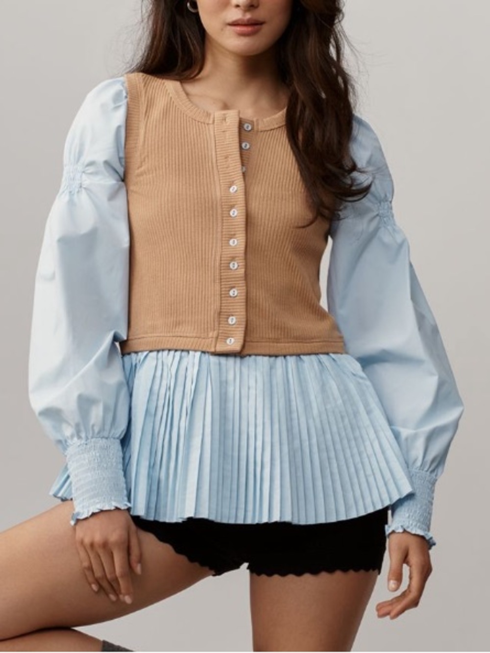 🟤NWT ANTHROPOLOGIE Layered Twofer Long-Sleeve Top -Color:Tanzine